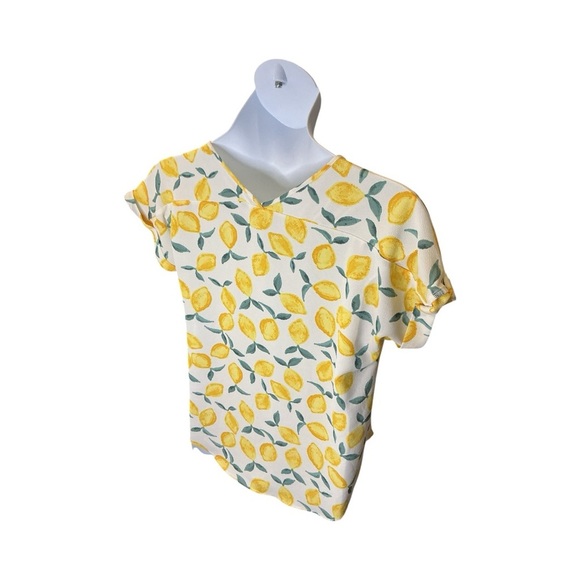 Pink Rose Lemon Print Blouse V-Neck Cuffed Sleeve Yellow Tunic Top Large L - Picture 6 of 9